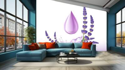 Drop of lavender essential oil with flowers. Wall mural