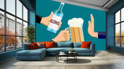 People is holding a bottle of alcohol and glass of beer in hands. Another man refuses to drink. Wall mural