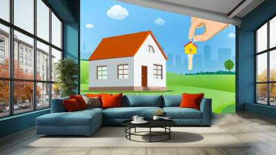 Real estate agent holds a house key in his hand. Stock vector illustration Wall mural