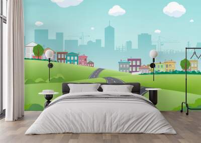 road on the background of the city with houses. suburb landscape. Wall mural