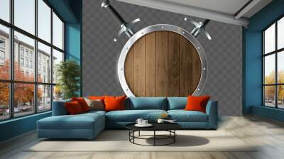 Round wooden shield with swords. Coat of arms Wall mural