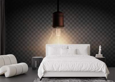 Template Edison retro light bulb is glowing in the dark. Isolated on a transparent background. Wall mural