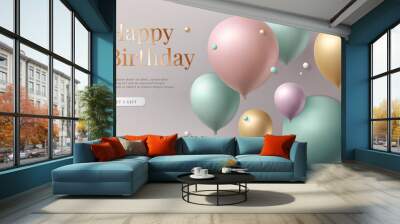 3d balloon celebration background, anniversary birthday party vector render decoration. Wall mural