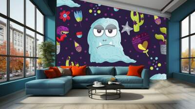 Cute cartoon monster vector seamless pattern in a flat style. Funny kid alien character background. Mutant beast animal comic wallpaper on a dark background. Wall mural