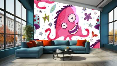 Cute cartoon monster vector seamless pattern in a flat style. Funny kid alien character background. Mutant beast animal comic wallpaper on a white background. Wall mural