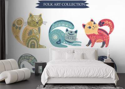 Folk art vector cat set. Wall mural