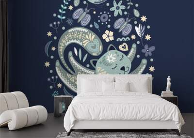 Folk art vector cat. Wall mural