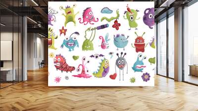 Huge vector cute funny monster clip art hand drawn collection. Colorful comic ugly character set. Wall mural