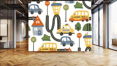 Seamless city car pattern background wih house and school bus. Cartoon road graphic kid illustration for baby boy. Kid traffic vehicle art. Wall mural