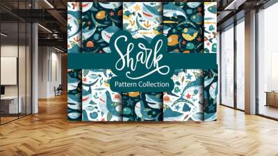 Seamless vector pattern set with cute cartoon funny shark fish in a flat style. Cheerful kid underwater fabric background collection. Baby shark Doo Doo Doo. Wall mural