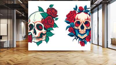 Vector skull and rose flower logo icon set. Art Halloween floral detailed tattoo illustration collection, vintage retro design background. Skeleton head death gothic symbol decoration Wall mural