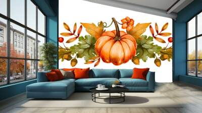 Watercolor pumpkin autumn thanksgiving fall holiday design. Floral composition orange plant card Wall mural