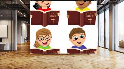 Set of multicultural happy kids reading holy bible book isolated on white Wall mural