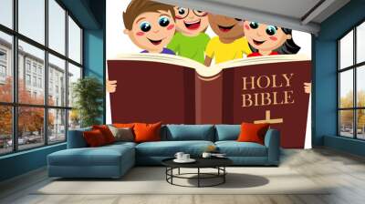 small group of multicultural kids reading the holy bible book isolated on white Wall mural