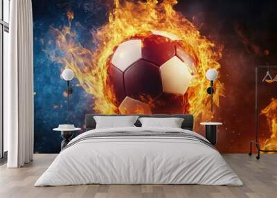 A soccer ball on fire in the center of a graphic design Wall mural