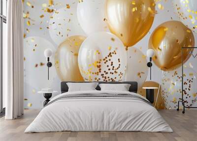 gold and white balloons and confetti Wall mural