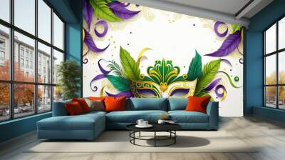 Celebrate mardi gras with this colorful carnival face mask background art with feathers Wall mural