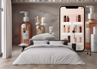 Cell phone with make up and skin care product in the bathroom, modern domestic lifestyle. Beauty products online shopping list through mobile app marketplace.  Wall mural