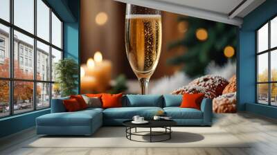 Glass of champagne or sparkling wine in the festive Christmas and New Year atmosphere Wall mural