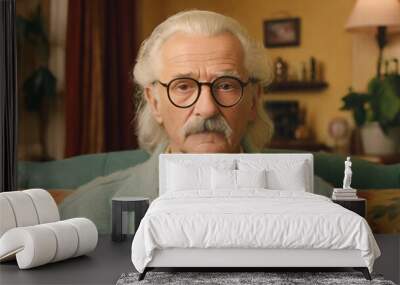 Portrait of senior man with mustache and reading glasses sitting in his retro cozy living room Wall mural