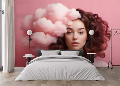 Portrait of young woman with head in the clouds Wall mural