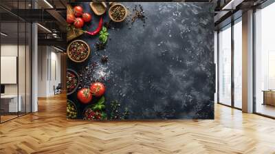 Black background with spices, herbs and tomatoes. Wall mural