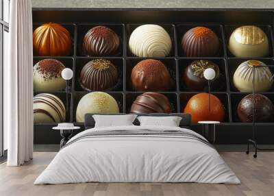 A box of assorted gourmet chocolates, each with a unique design and flavor, creating a delightful symphony of taste and visual appeal. Wall mural