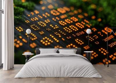 A futuristic abstract background with a glowing binary code embedded within a field of organic green growth Wall mural