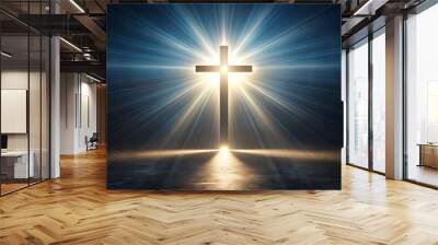 A light cross shining in the darkness, light, cross, religion, hope, faith, symbol, spirituality, glowing, illumination, night, dark Wall mural