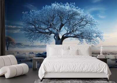 A lone tree stands frozen in a winter wonderland, its branches heavy with ice and its roots reaching deep into the frozen ground, reflecting the pale blue sky and the frosted landscape. Wall mural