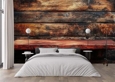 A weathered wooden shelf on a rustic backdrop, perfect for showcasing products or displaying rustic decor Wall mural