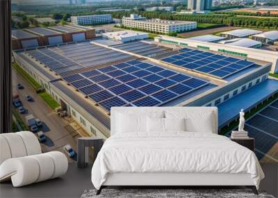 Aerial view of solar panels on factory roof, solar power, photovoltaic, renewable energy, industrial Wall mural