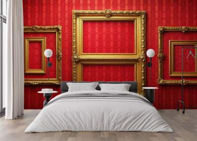 Classic gold blank frames on a vivid crimson red wall , gallery, exhibit, frames, gold, crimson, red, wall, interior design Wall mural