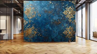 Close-up of elegant blue and gold wallpaper on black background with gold speckles Wall mural