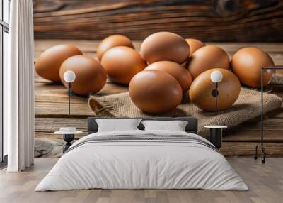 Close-up of raw organic brown eggs on a wooden table, fresh, natural, farm, healthy, breakfast, ingredient Wall mural