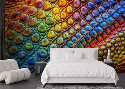 Close-up of vibrant crocodile skin texture with intricate details and rich colors Wall mural