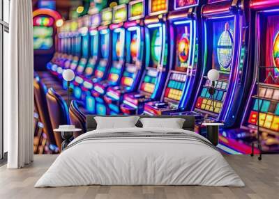 Close up view of a colorful slot machine in a bustling casino club setting Wall mural