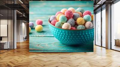 Colorful frosted balls in a teal bowl, a delicious and vibrant dessert treat Wall mural