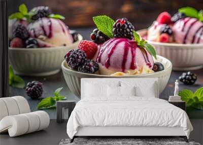 Creamy blackberry ice cream topped with fresh berries, syrup drizzle, delicious dessert with sweet frozen creamy fruit Wall mural