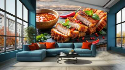 Crispy fried pork belly drizzled with a spicy sauce , pork belly, fried, crispy, spicy, sauce, delicious, Asian cuisine Wall mural