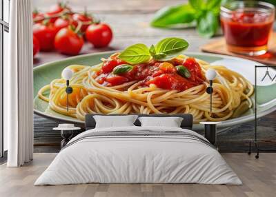 Delicious classic Italian spaghetti pasta with tomato sauce and basil Wall mural