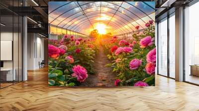 Field of vibrant pink roses in bloom under greenhouse conditions during golden hour, roses, pink, vibrant, bloom Wall mural