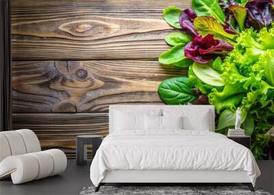 Fresh and vibrant salad leaves on a wooden surface, fresh, vibrant, salad, leaves, greens, organic Wall mural