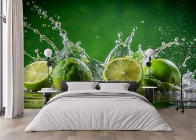 Fresh limes splashing in water against a deep green background, limes, water, splash, fresh, green, citrus, fruit, healthy Wall mural