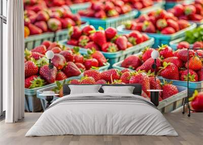 Fresh organic strawberries for sale at a farmer's market , organic, strawberries, fruit, red, fresh, healthy, gardening Wall mural