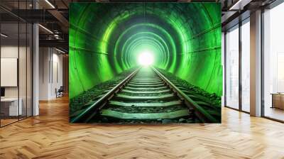 Glowing green tunnel next to a railway track with a green light at the end Wall mural