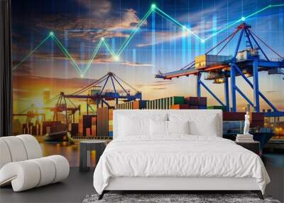 Graph of trading statistics with shipping containers in background at harbor , stock market, trading, statistics Wall mural