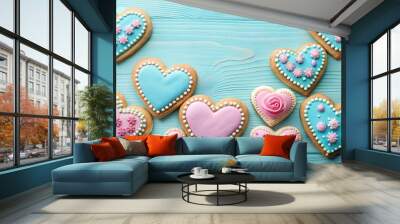 Heart-shaped cookies with pink and blue decorations on a light blue backdrop Wall mural