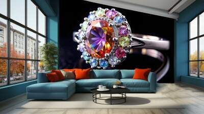 Luxurious diamond ring with colorful gemstones on black background with reflection Wall mural