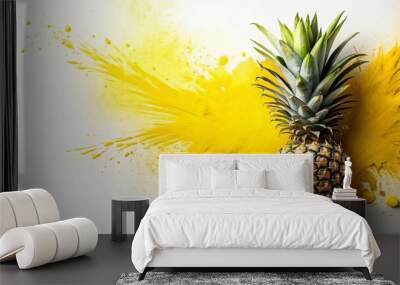 Paint splattered pineapple featuring yellow and black colors and a leaf on one side Wall mural